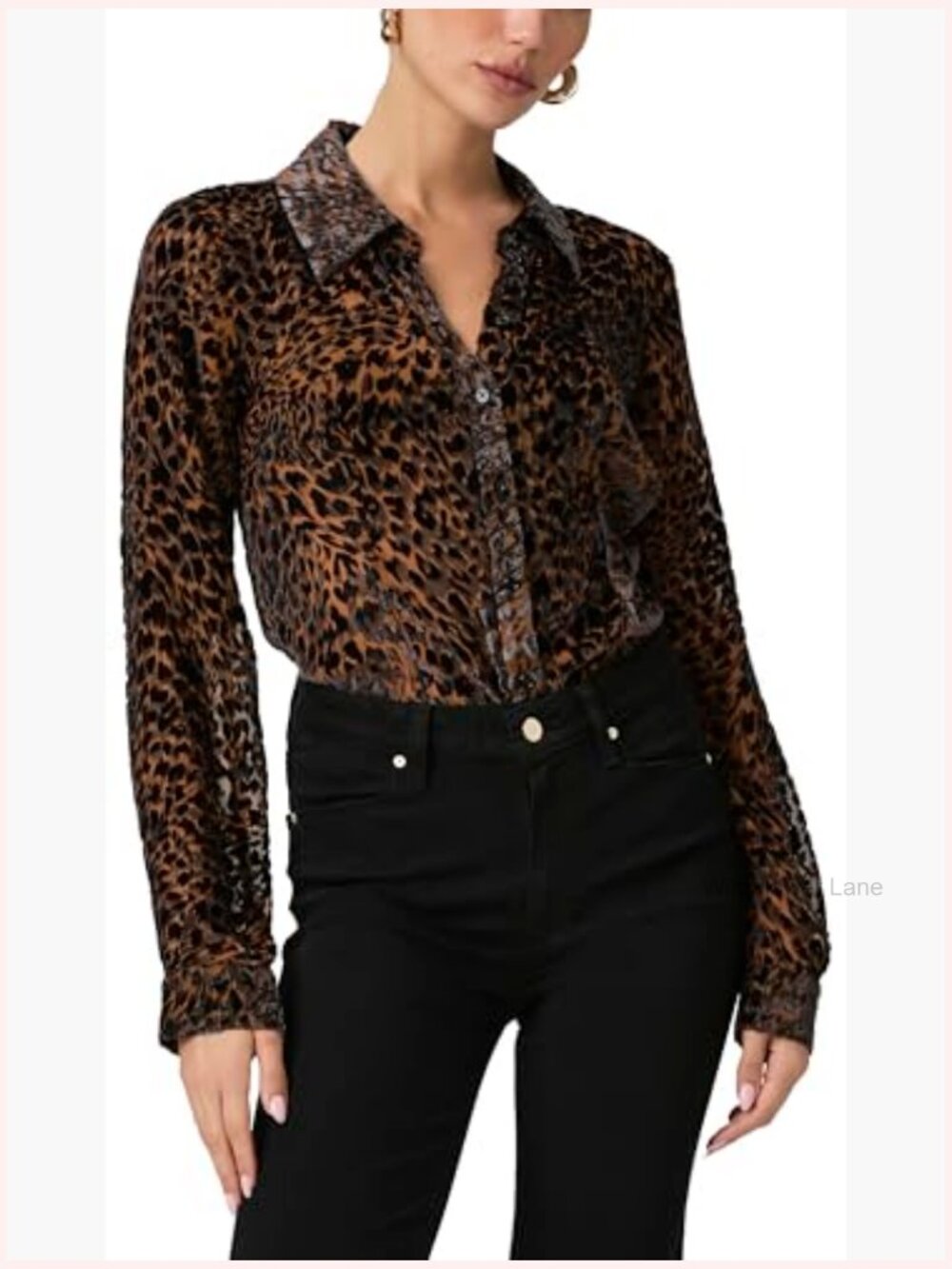 V-Neck Long Sleeve Button Down Blouse - Silk Blend Cheetah Print - Picture 2 of 4